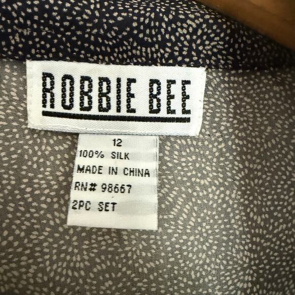 90s Vintage ROBBIE BEE | Navy and Tan Silk Chiffon Button Front Tunic Size 12 - Picture 4 of 7